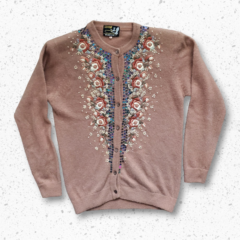 VTG 80 Light Brown Embroidered and Iridescent Sequined Cardigan by Shuangtiane